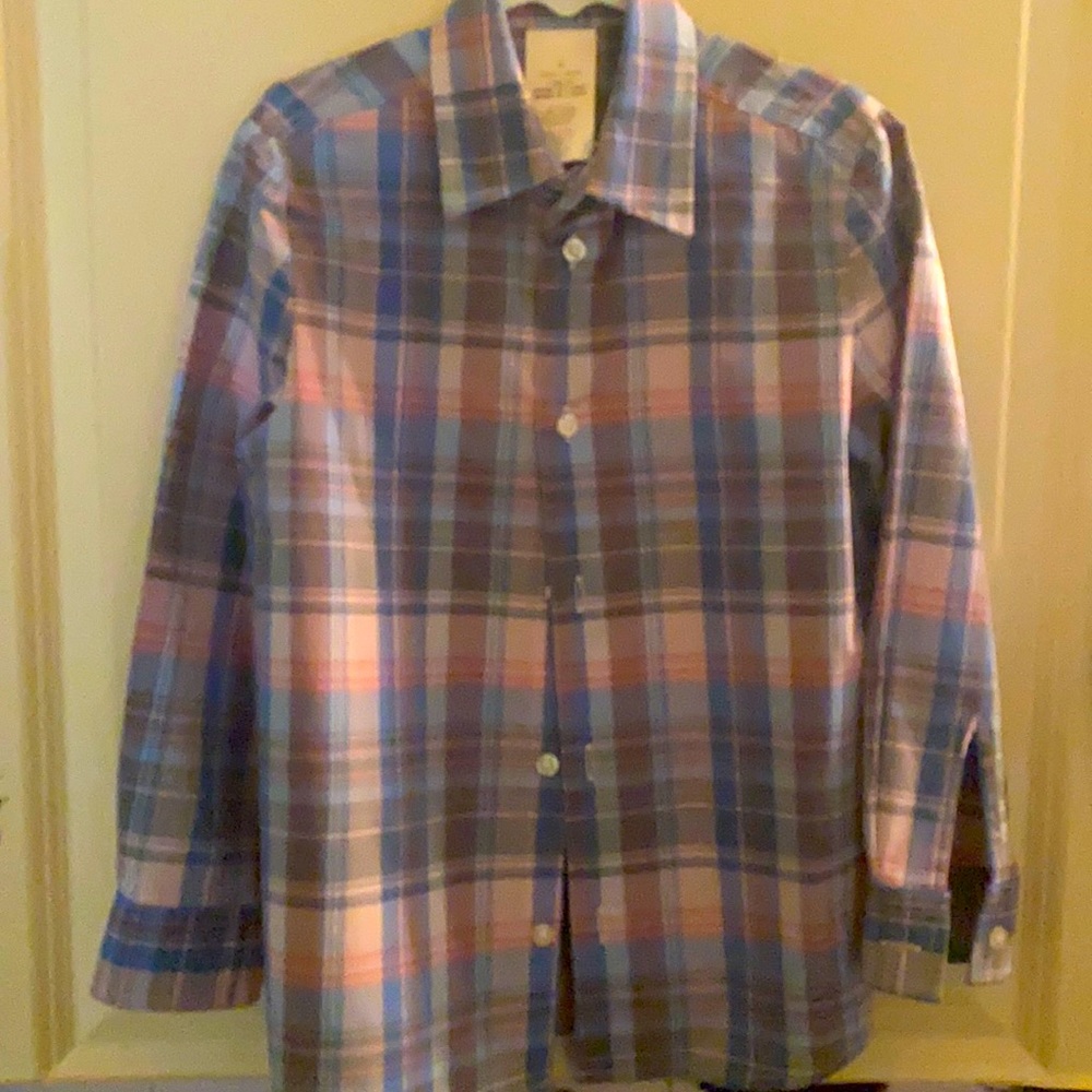Blue, pink, grey boys plaid shirt.  Size 6